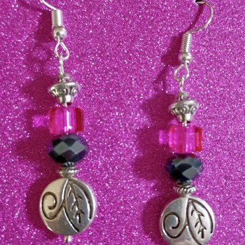 Pink and Black Beaded Leaf Earrings Pink and Black Beaded Leaf Earrings